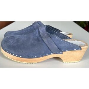 Vintage Blue Nubuck Slip On Wooden Clogs Mules 37